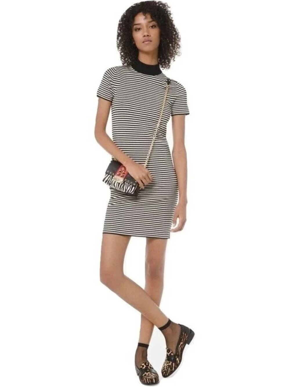 Michael Kors Striped Stretch Viscose Mock Neck Dress Black/Bone